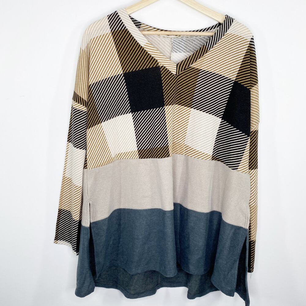 Entro V-neck Knit Colorblock Plaid Sweater Womens Size Large Tan Blue Pullover